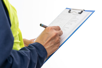 Hands, engineer and clipboard for checklist, inspection notes or safety compliance. Person,writing with documents for, project management or supervisor paperwork and pen