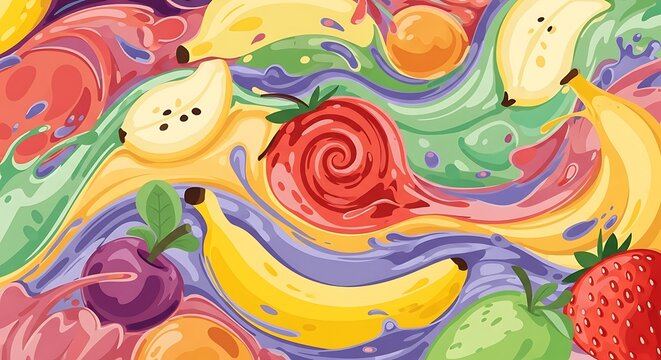Colorful fruit splash art with bananas, strawberries, and pears.