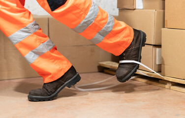 An industrial safety topic. A worker in danger of tripping over a piece of plastic strapping in a factory.