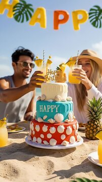 Smiling Couple Toasts Tropical Drinks, Celebrating Vibrant Beach Birthday with Festive Cake