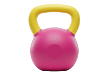 Isolated pink kettlebell with yellow handle for fitness and strength training equipment
