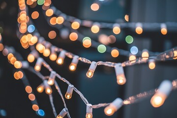 Outdoor String Lights with Colorful Bokeh and White Bulbs image photo