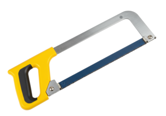 Isolated hand saw with yellow handle for cutting wood and metal in construction jobs