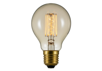 Isolated vintage style light bulb with warm filament lighting against a neutral backdrop