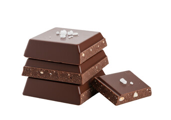 Isolated squares of chocolate with sea salt seasoning, stacked and tasty treat for a snack