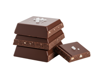 Isolated squares of chocolate with sea salt seasoning, stacked and tasty treat for a snack