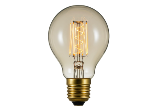 Isolated vintage style light bulb with warm filament lighting against a neutral backdrop