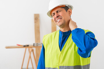 Man; construction worker and neck pain for renovation; project and stress with injury at work site. Person; engineer and builder with burnout; muscle fatigue and frustrated with massage for relief.