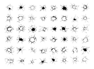 Shattered broken glass holes black ink vector set. Bullet cracks texture impact damage destruction effect realistic distressed overlay graphic element crash fracture debris surface isolated