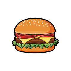Vibrant cartoon hamburger illustration, featuring a sesame seed bun, juicy patty, cheese, lettuce, and tomatoes.