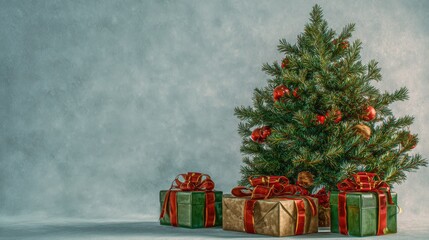 Festive Christmas tree adorned with colorful ornaments, surrounded by beautifully wrapped presents in red and green, creating a warm holiday atmosphere with copy space