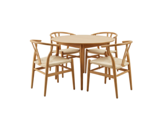 Isolated round wooden dining table and chairs set, modern home furniture style decor