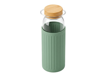 Isolated reusable water bottle with green silicone sleeve and wooden cap in studio light