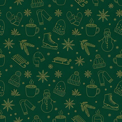 Seamless winter pattern featuring various seasonal elements like snowflakes, mittens, and hot beverages.