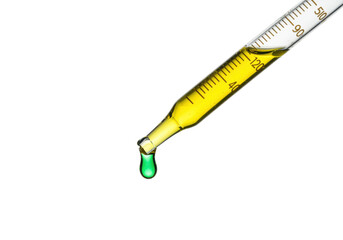 Isolated pipette with liquid, drop falling, medical laboratory instrument for chemical research