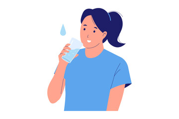 Illustration of Drink Water and Hydration. A woman is happily drinking a glass of water, emphasizing the importance of daily hydration, health, and maintaining proper bodily functions