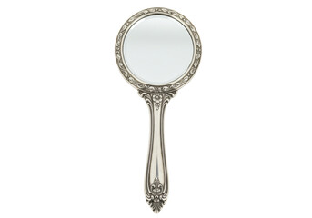 Isolated antique hand mirror, a vintage vanity object with ornate design and handle pattern