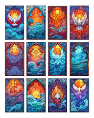 Stained glass panels cartoon vector set. Holy spirit soaring dove cross religious theme descending water sun waves sea church window element christian faith biblical isolated illustration