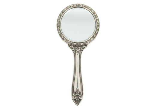 Isolated antique hand mirror, a vintage vanity object with ornate design and handle pattern