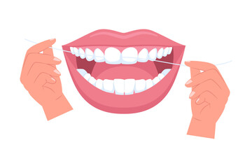 Flossing Teeth and Interdental Cleaning. An illustration showing dental floss being used to clean between teeth, emphasizing interdental hygiene and the importance of flossing