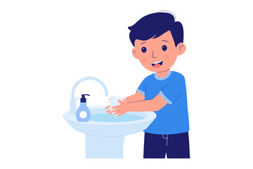 Vector Illustration of Boy Washing Hands. A happy boy is washing his hands under running water with soap, illustrating the routine of personal hygiene, cleanliness, and disease prevention for children