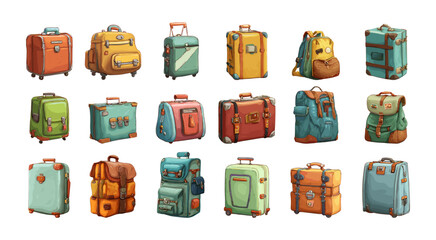 Travel baggage cartoon vector set. Suitcases backpacks luggage bags journey trunks backpacks vacation adventure vintage colorful style transportation objects isolated on white background