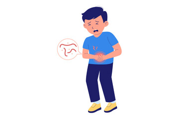 Illustration of Child with Stomach Ache due to Worms. A young boy is clutching his stomach with a symbol of worms, representing parasitic infection, digestive issues