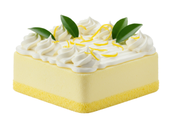 Isolated lemon cheesecake dessert with frosting, zest and leaves ready for serving at event