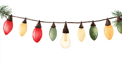 watercolor string of Christmas lights, isolated on a white background