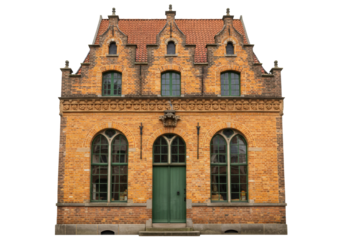 Isolated historic brick building with green doors and arched windows in Bruges, Belgium