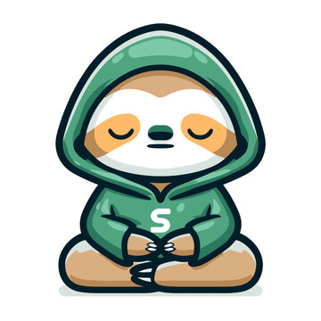Serene cartoon sloth meditating in lotus position with closed eyes, wearing a green hoodie. Mindfulness and relaxation concept.