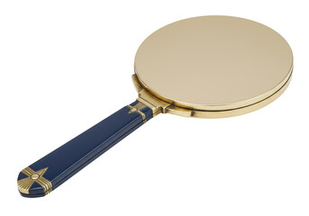 Isolated vanity mirror with a gold metallic surface and a navy blue handle close up view