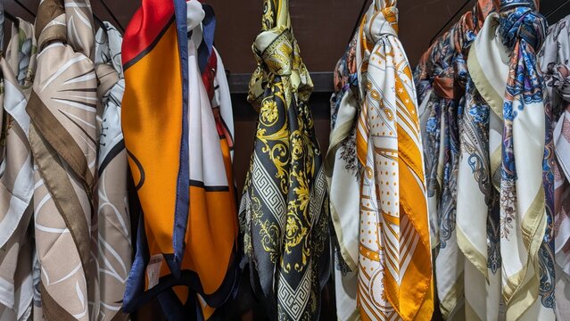 Silk scarves display, Patterns and textures of silk scarves