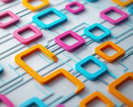 Colorful geometric shapes interconnected with a modern digital network design