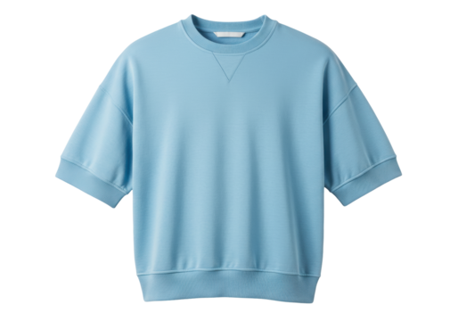 Isolated light blue short sleeve sweatshirt, casual garment style, cotton jersey knit