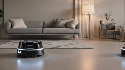 Robot vacuums clean a minimalist living room with a couch, rug, lamp, and decorative table