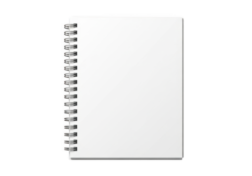 Blank white spiral bound notebook open for writing isolated on transparent background