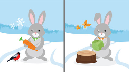 rabbits with carrot and bird in the snow, vector illustration
