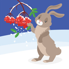 rabbit with rowan berry in winter forest. vector illustration
