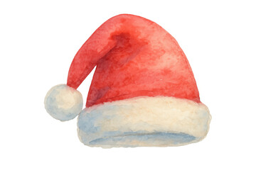 Santa hat in watercolor style, festive red and white winter headwear for christmas and holiday season, transparent background