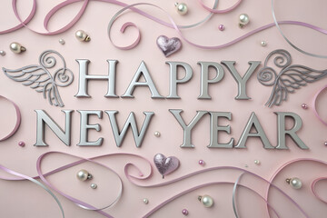 Happy New Year greeting in metallic silver letters with pink ribbons, pearl beads, heart ornaments, and whimsical silver wings on soft pink background festive design generative ai