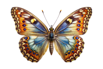 Detailed close up of a vibrant butterfly with intricate wing patterns isolated on transparent background