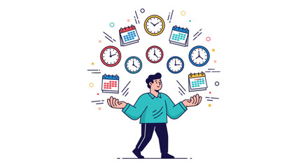 Man juggling multiple clocks and calendars representing time management, Generative AI.