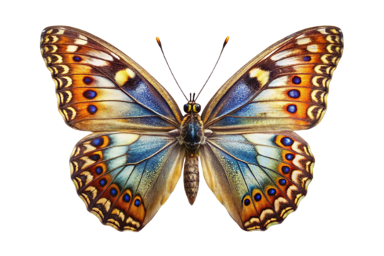 Detailed close up of a vibrant butterfly with intricate wing patterns isolated on transparent background