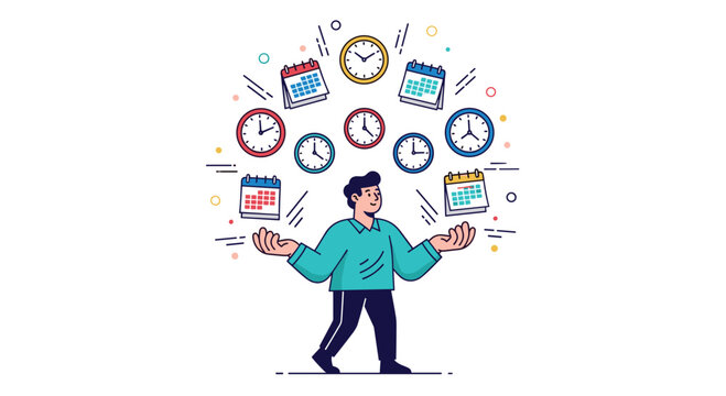 Man juggling multiple clocks and calendars representing time management, Generative AI.