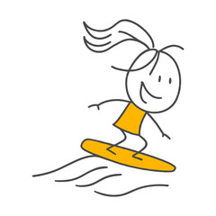 Fototapeta premium A Smiling Individual Representing Adventure and Freedom, Moving Forward on a Yellow Surfboard Over Ocean Waves.