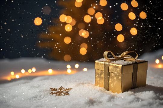 Festive gold gift box with ribbon bow resting on snowy surface, glowing bokeh lights and snowflake ornament creating cozy Christmas winter holiday celebration generative ai - Powered by Adobe