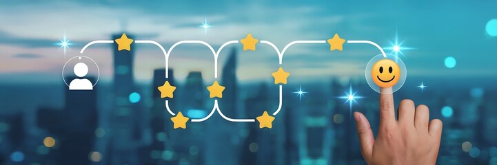 A finger pointing to a smiling face icon on a digital path with stars, symbolizing customer journey, satisfaction, and positive experience in the modern cityscape