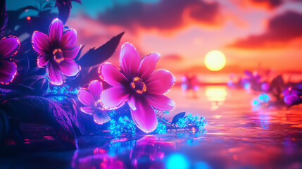 Flowers floating in water, glowing with neon light, reflecting the pink and blue hues of the sunset.