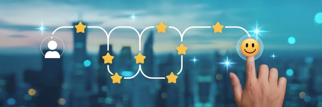 A finger pointing to a smiling face icon on a digital path with stars, symbolizing customer journey, satisfaction, and positive experience in the modern cityscape - Powered by Adobe
